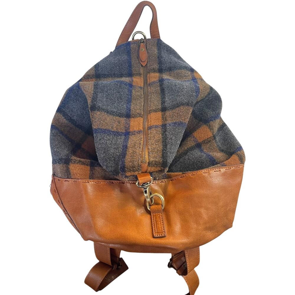 Sundance Made in Italy Genuine Leather Plaid Wool Backpack Purse
